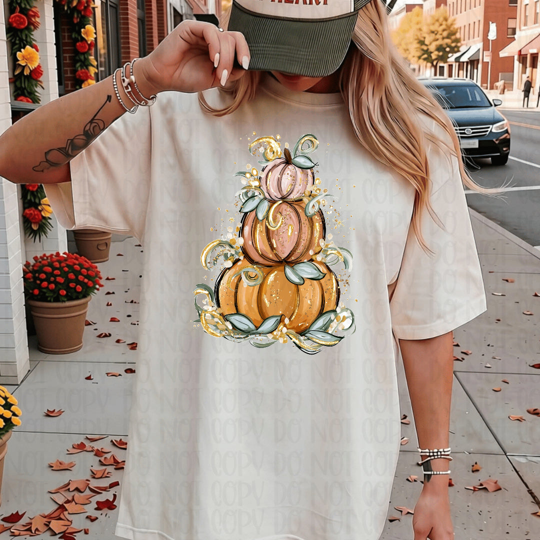 Pumpkin trio stack orange and pink with gold and green leaves (SSD) DTF
