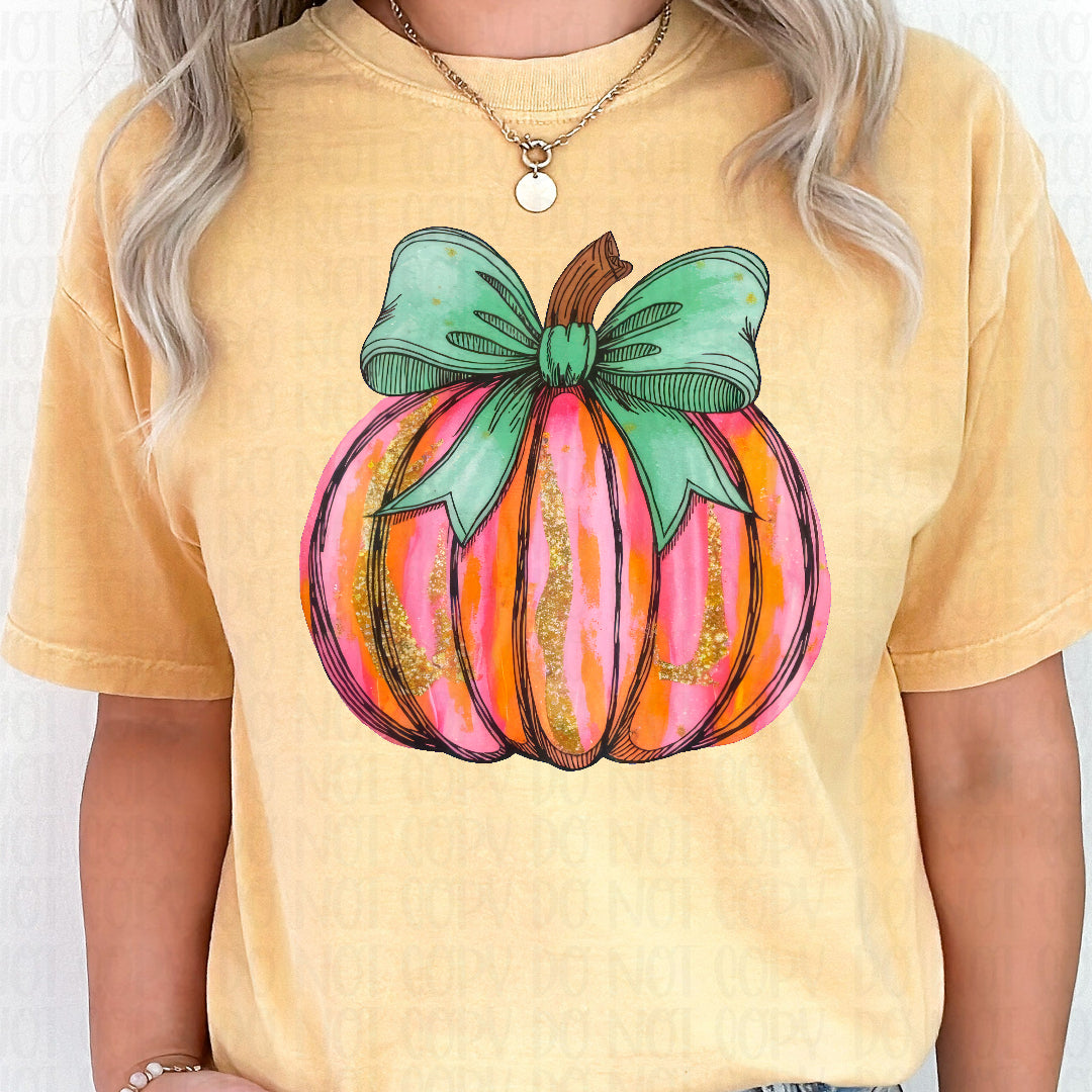 Pink pumpkin faux gold teal bow (Texas Gal) DTF transfer