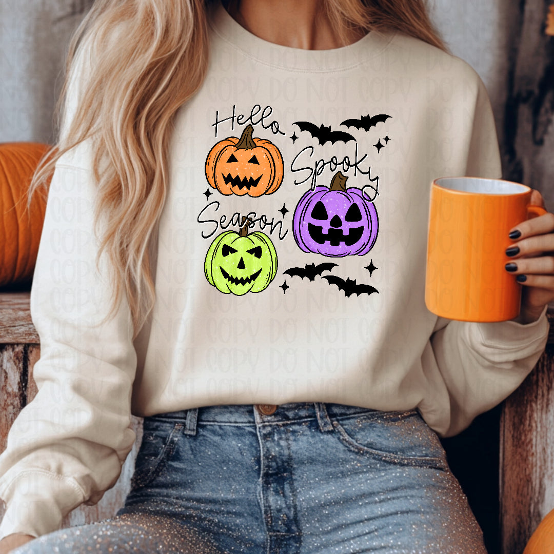 Hello spooky season pumpkin trio orange purple and green with bats (CMLD) DTF