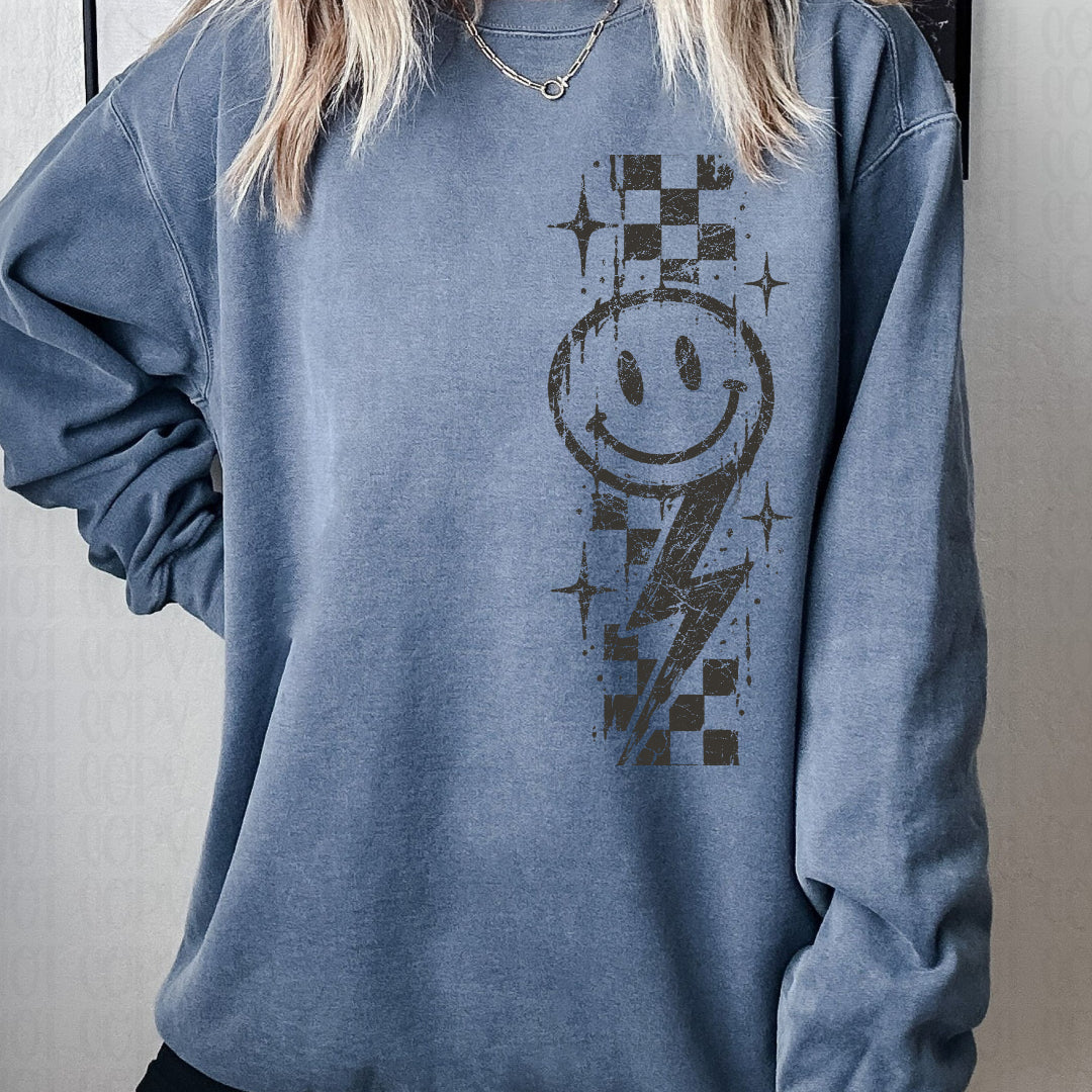 Smily lightning bolt stars and checkered side piece grungy gray (Scarlow) DTF Transfer