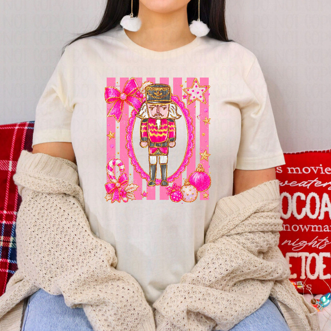 Preppy nutcracker faux glitter pink stripes (Starlight) DTF transfer