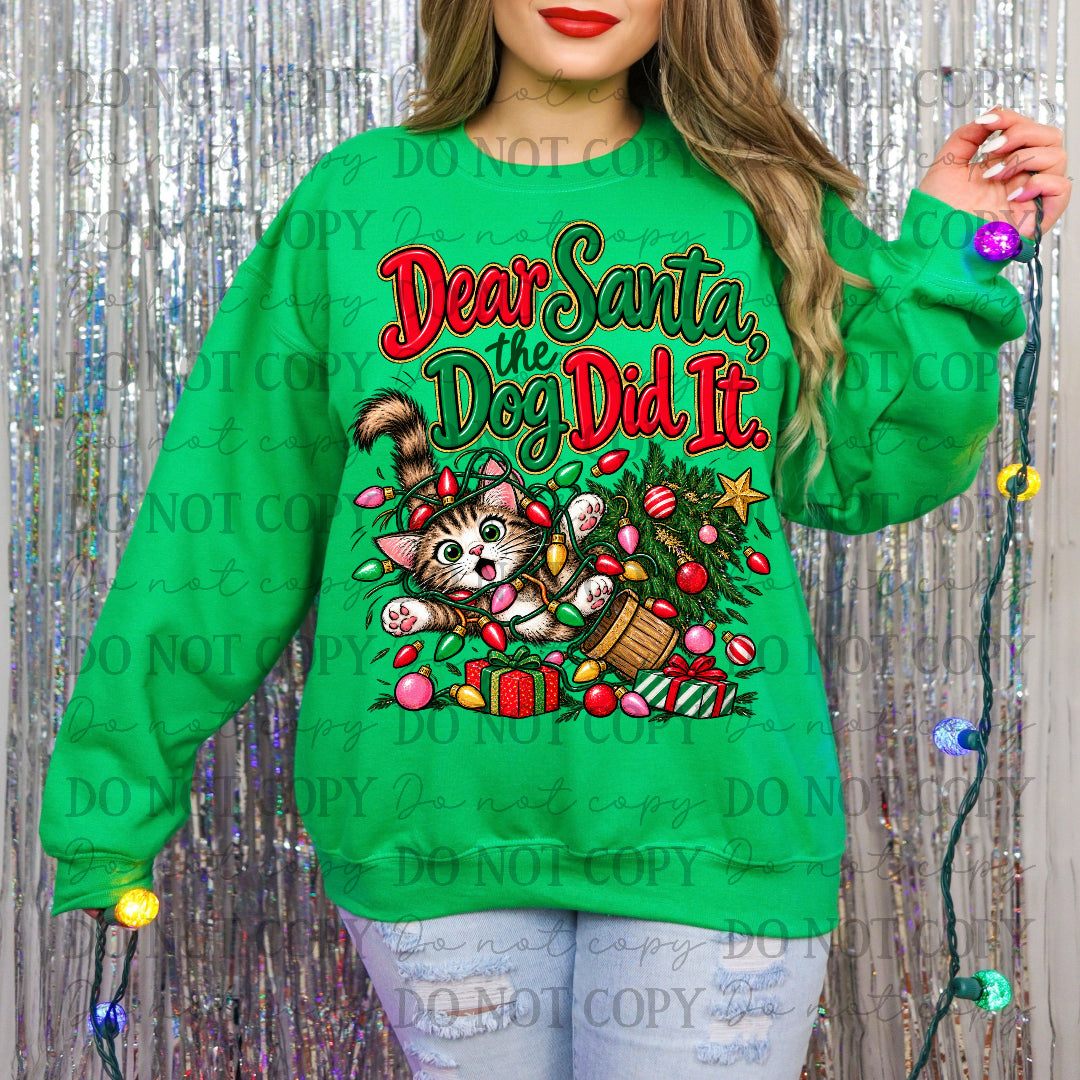 Dear Santa, the dog did it- Cat wrapped up in lights and tree (CSG) DTF Transfer