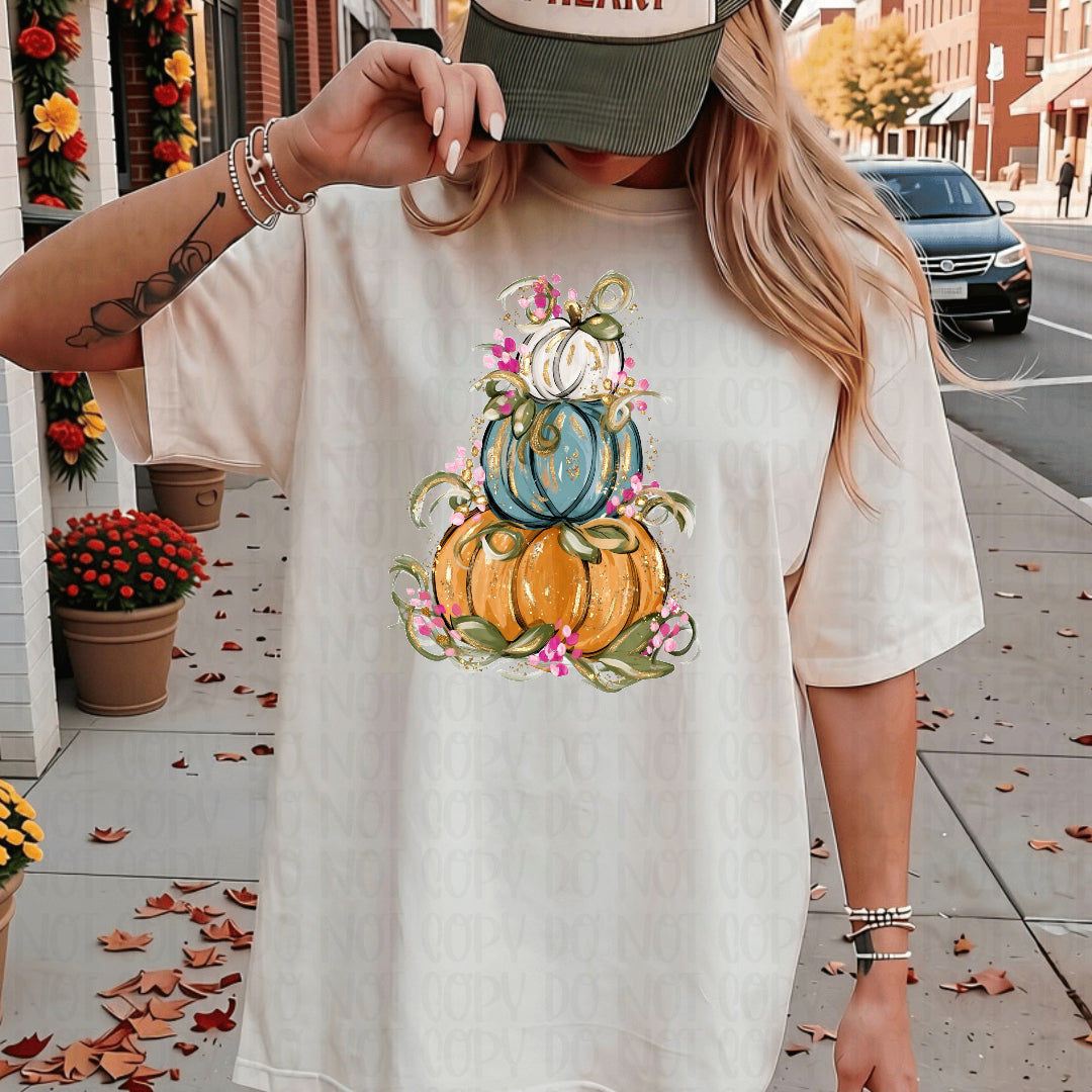 Pumpkin trio stack orange blue and white with pink flowers (SSD) DTF Transfer