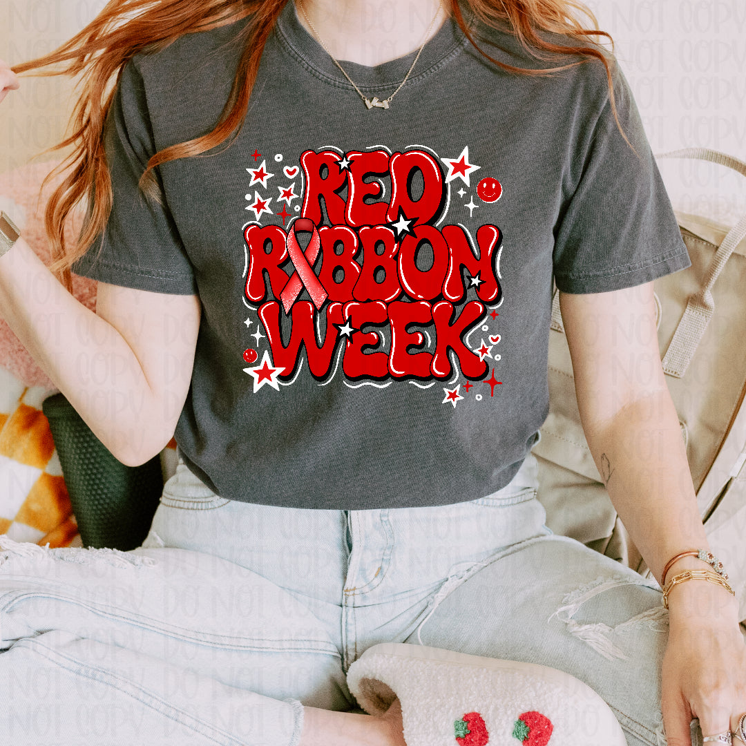 Red ribbon week stars and smiley white outline (Crafti) DTF Transfer