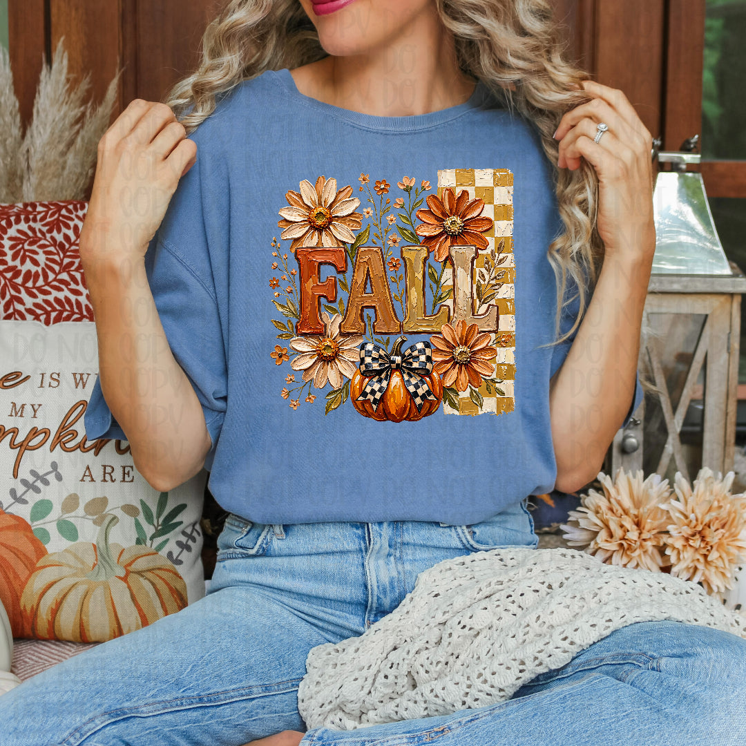 Fall faux painted orange checkered DTF Transfer