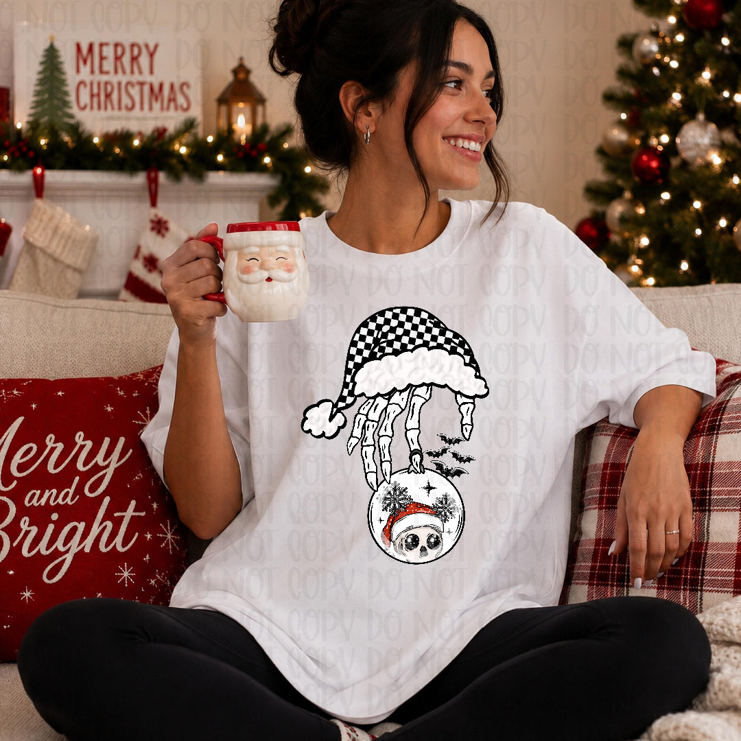 Skull hand in checkered Santa hat (Texan) DTF transfer