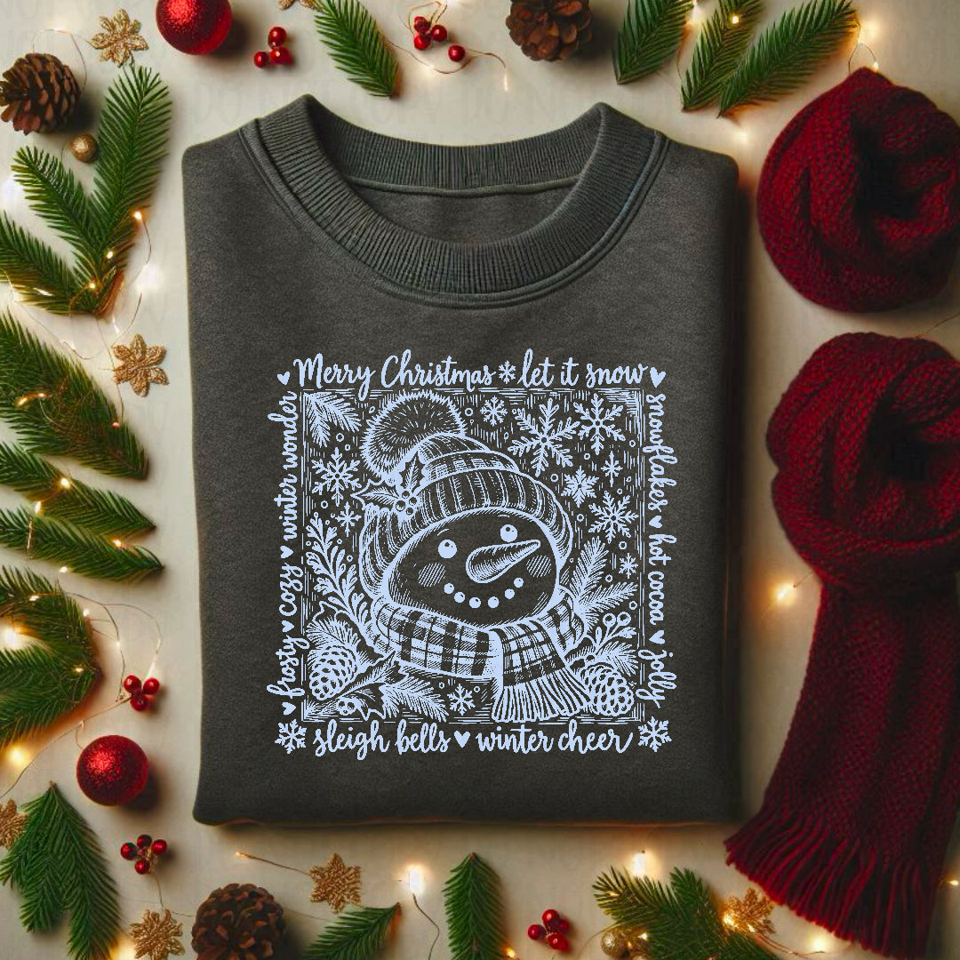 Sleigh bells and winter cheer snowman BLUE (Texas Gal) DTF Transfer