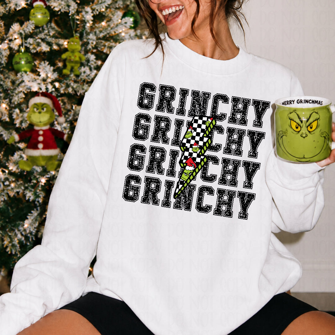 Grinchy distressed black with checkered lightning bolt (Ink) DTF Transfer