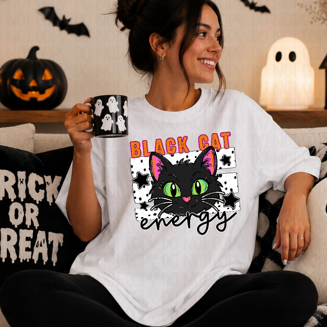 Black cat energy polkadot and stars strip background (CST) DTF transfer