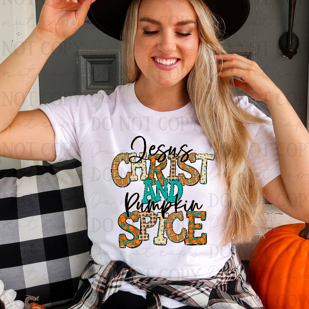 Jesus Christ and pumpkin spice teal and orange (Texas Gal) DTF Transfer