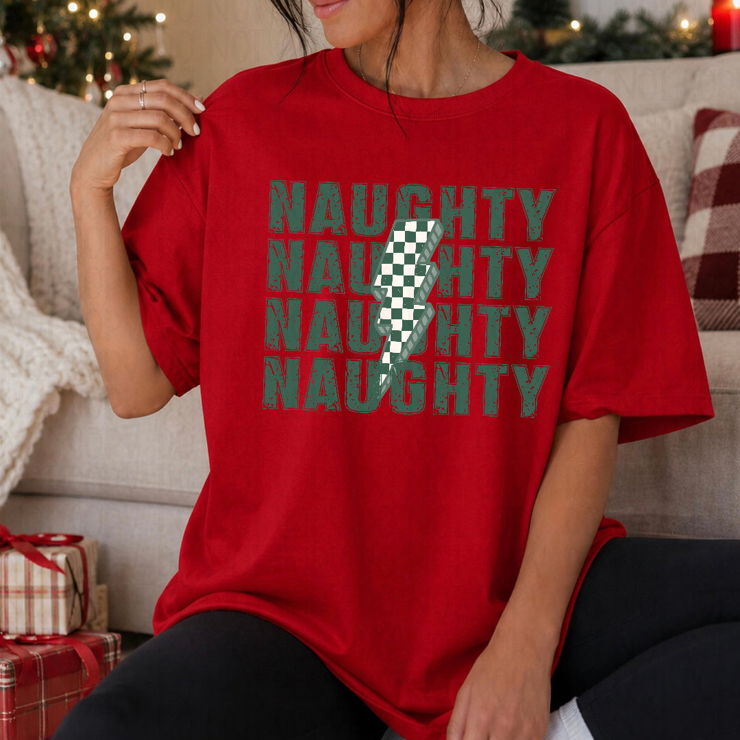 Naughty distressed green with checkered lightning bolt (Ink) DTF Transfer