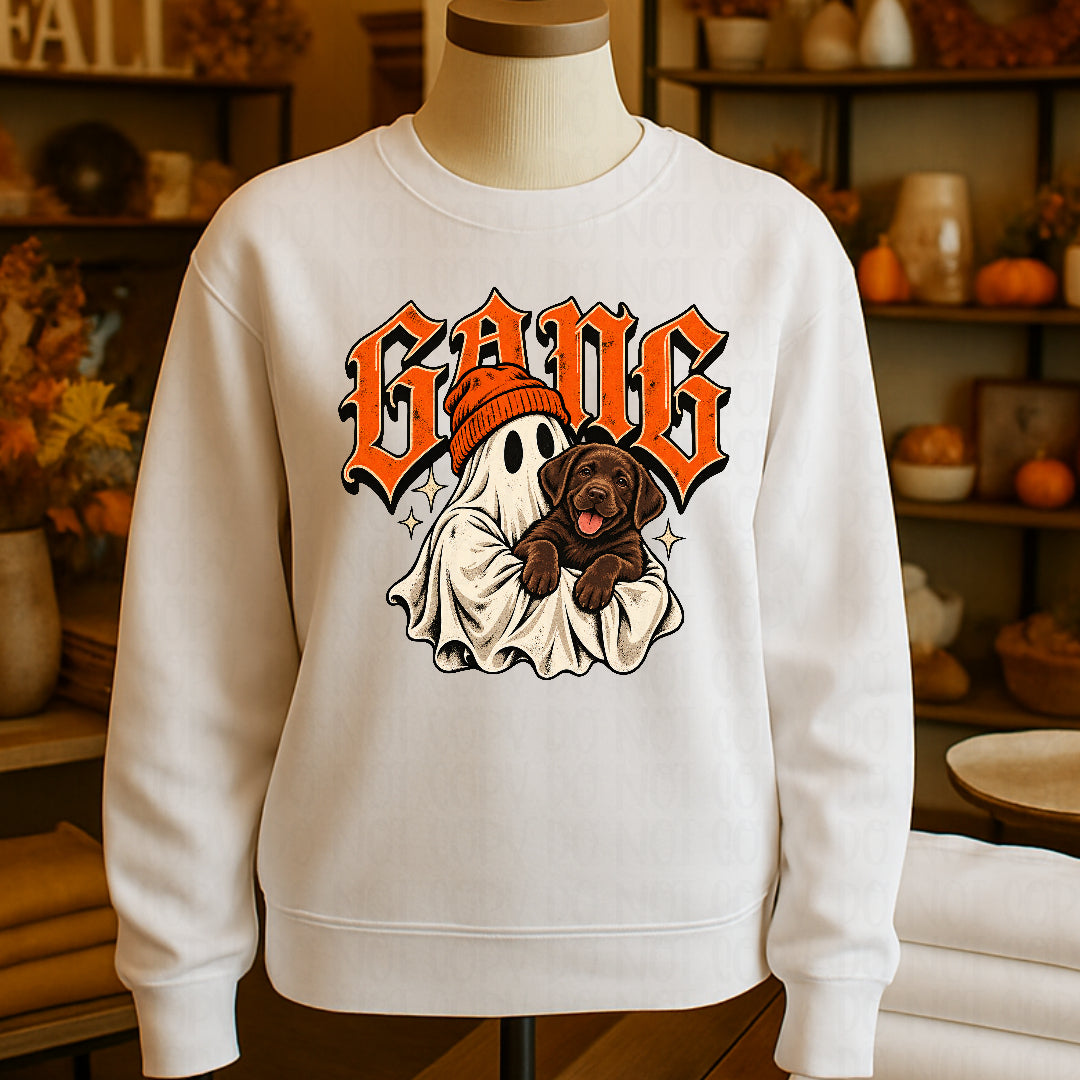 Gang ghost holding chocolate lab (Mayhem) DTF transfer