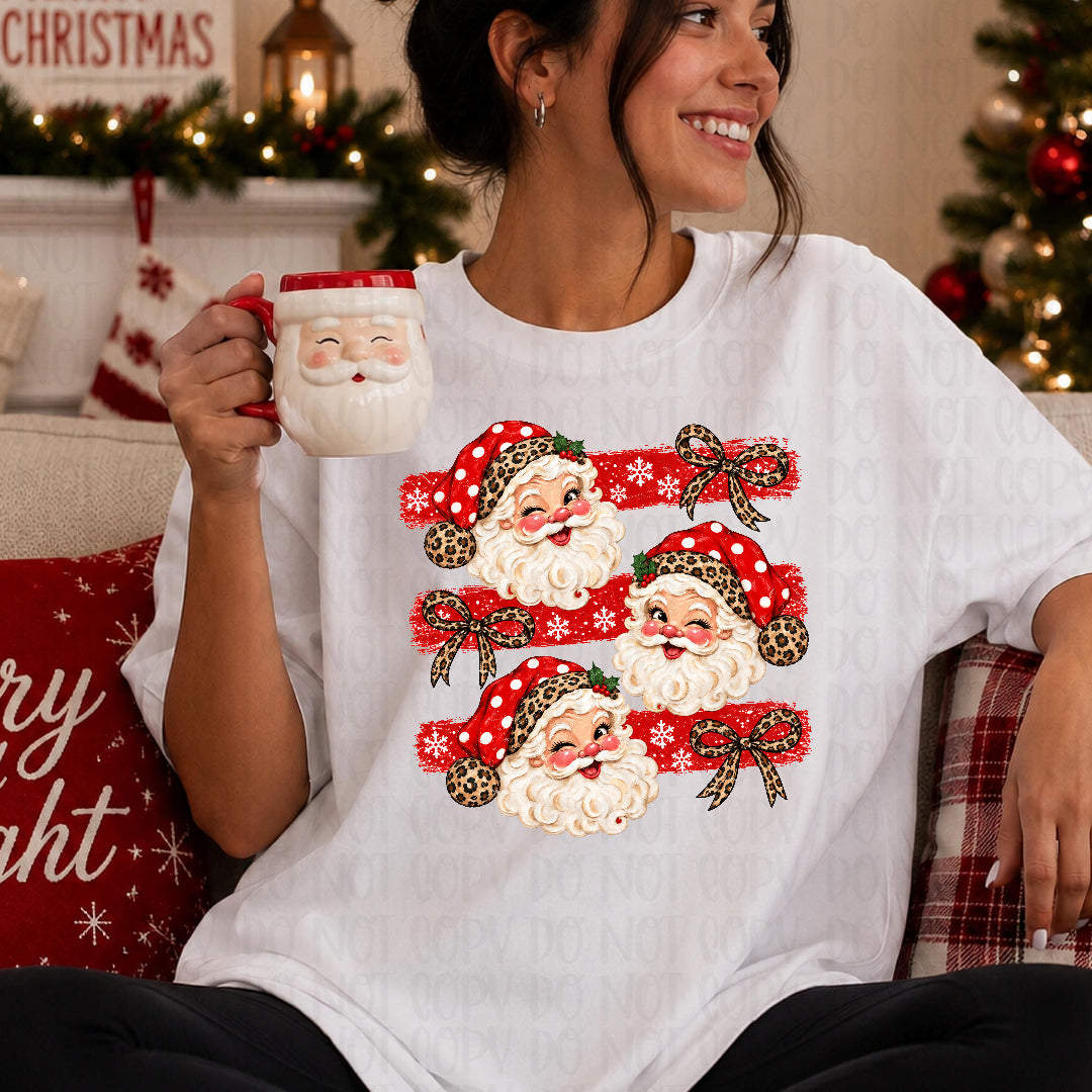 Winking Santa trio red and white polkadot and leopard hat DTF Transfer