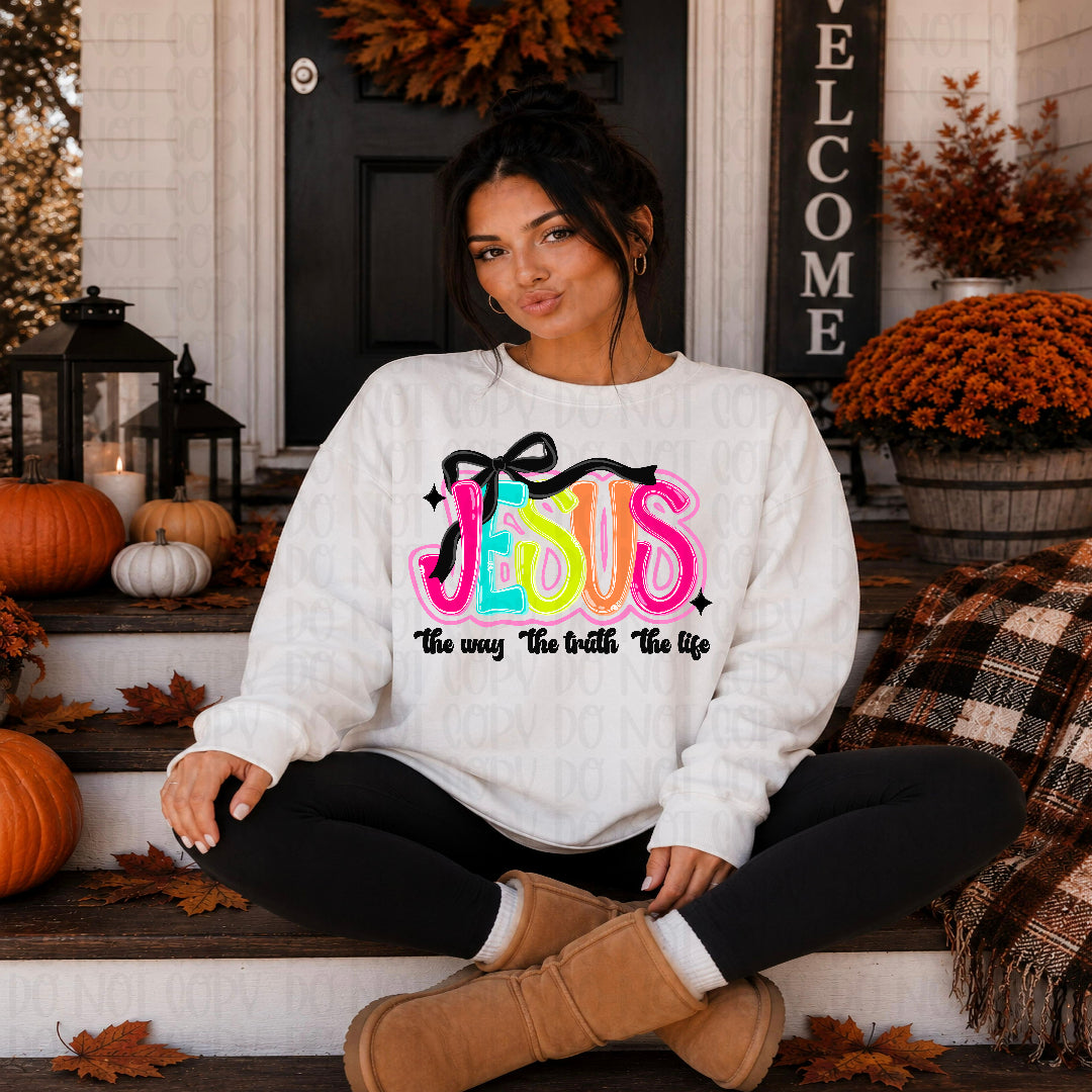 Jesus neon font black bow DTF Transfer