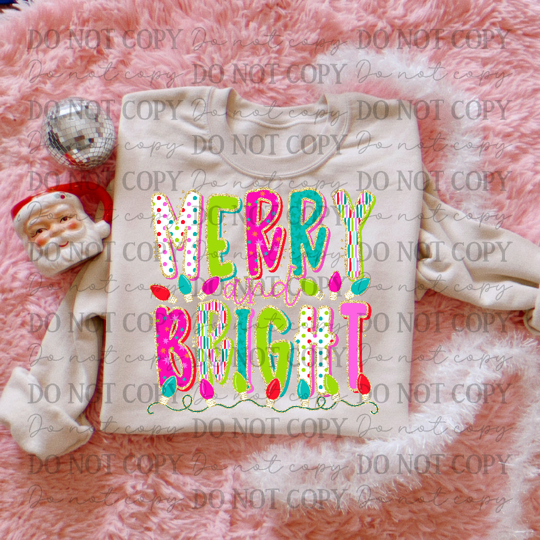 Merry and Bright neon pink and green font with lights (Carter) DTF Transfer
