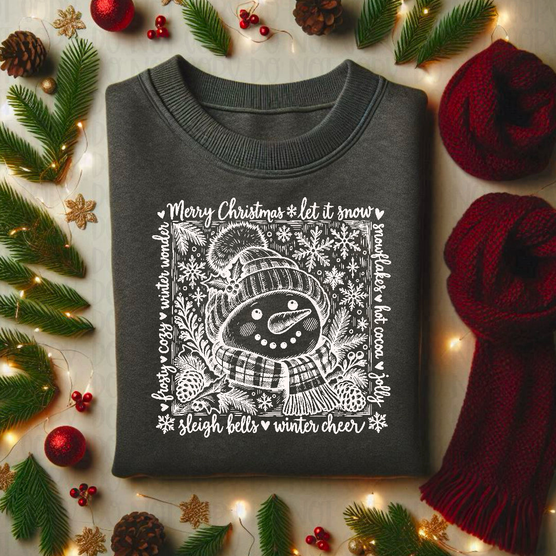 Sleigh bells and winter cheer snowman WHITE (Texas Gal) DTF Transfer