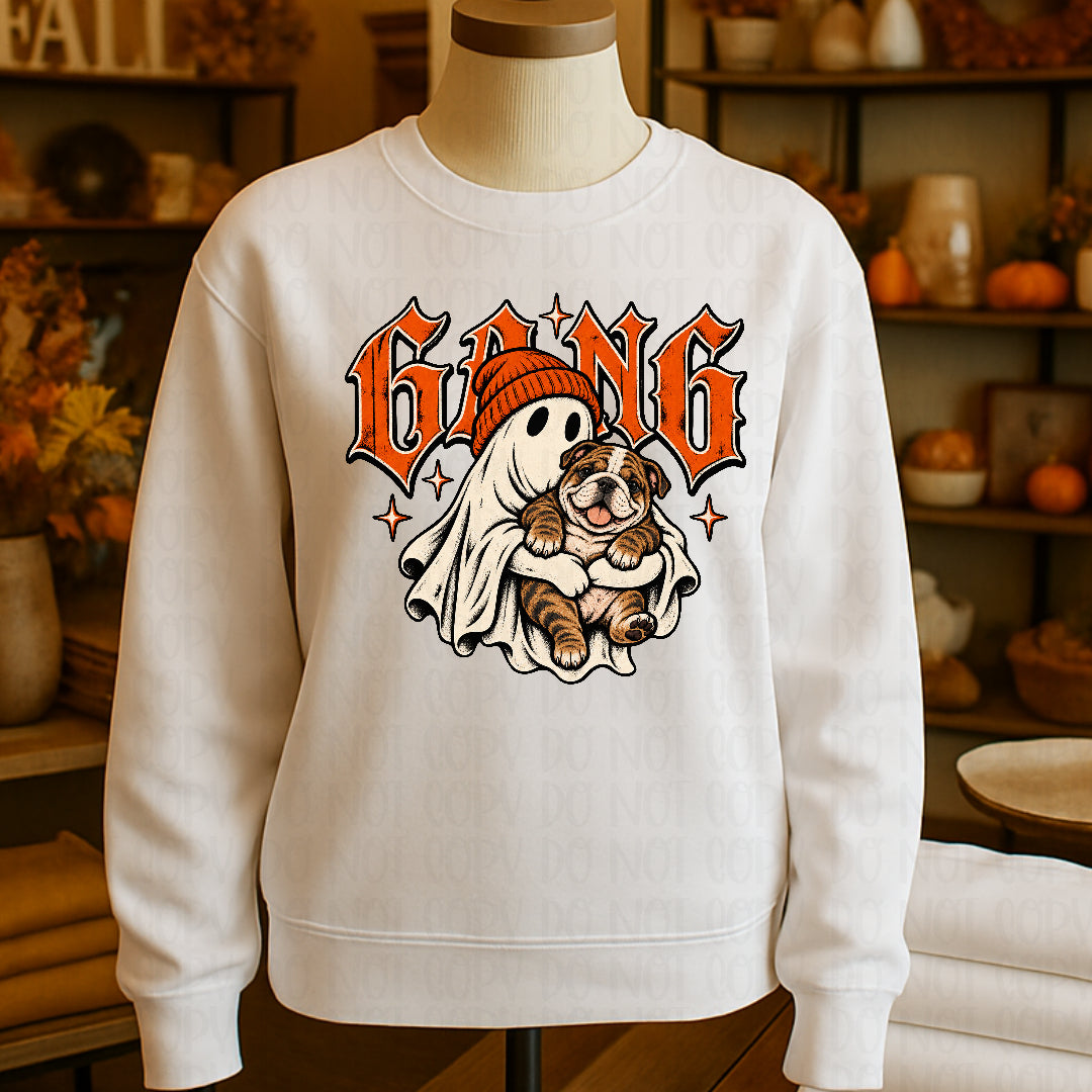 Gang ghost holding tan and white English bulldog (Mayhem) DTF transfer