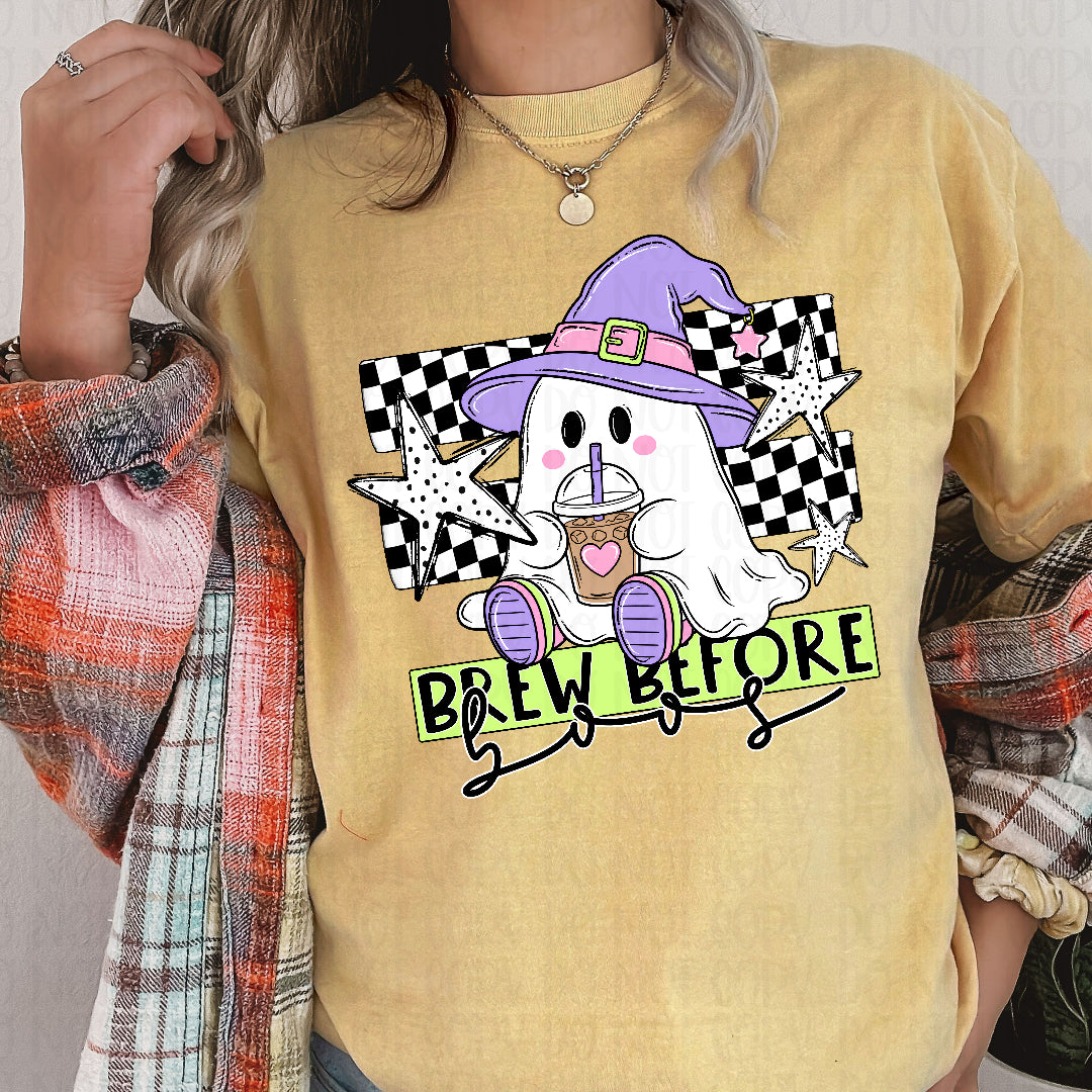 Brew before boos ghost in witch hat (CST) DTF transfer