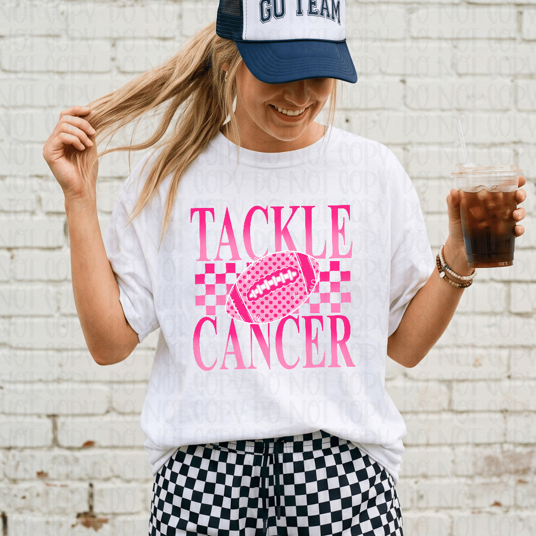 Tackle cancer pink polkadot football checkers background (Crafti) DTF Transfer