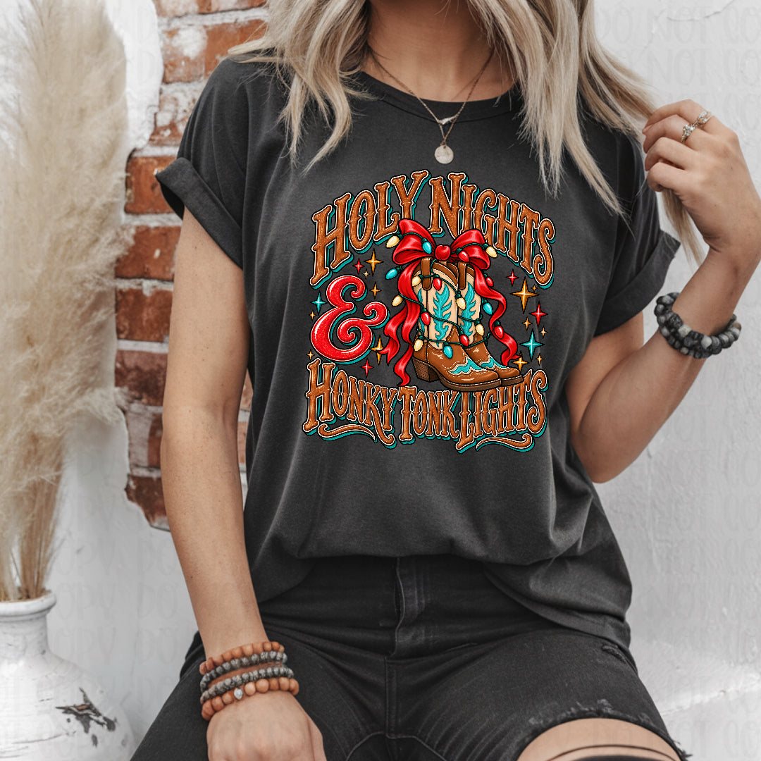 Holy nights & honkey tonk lights cowboy boots with red bow (Kai) DTF Transfer