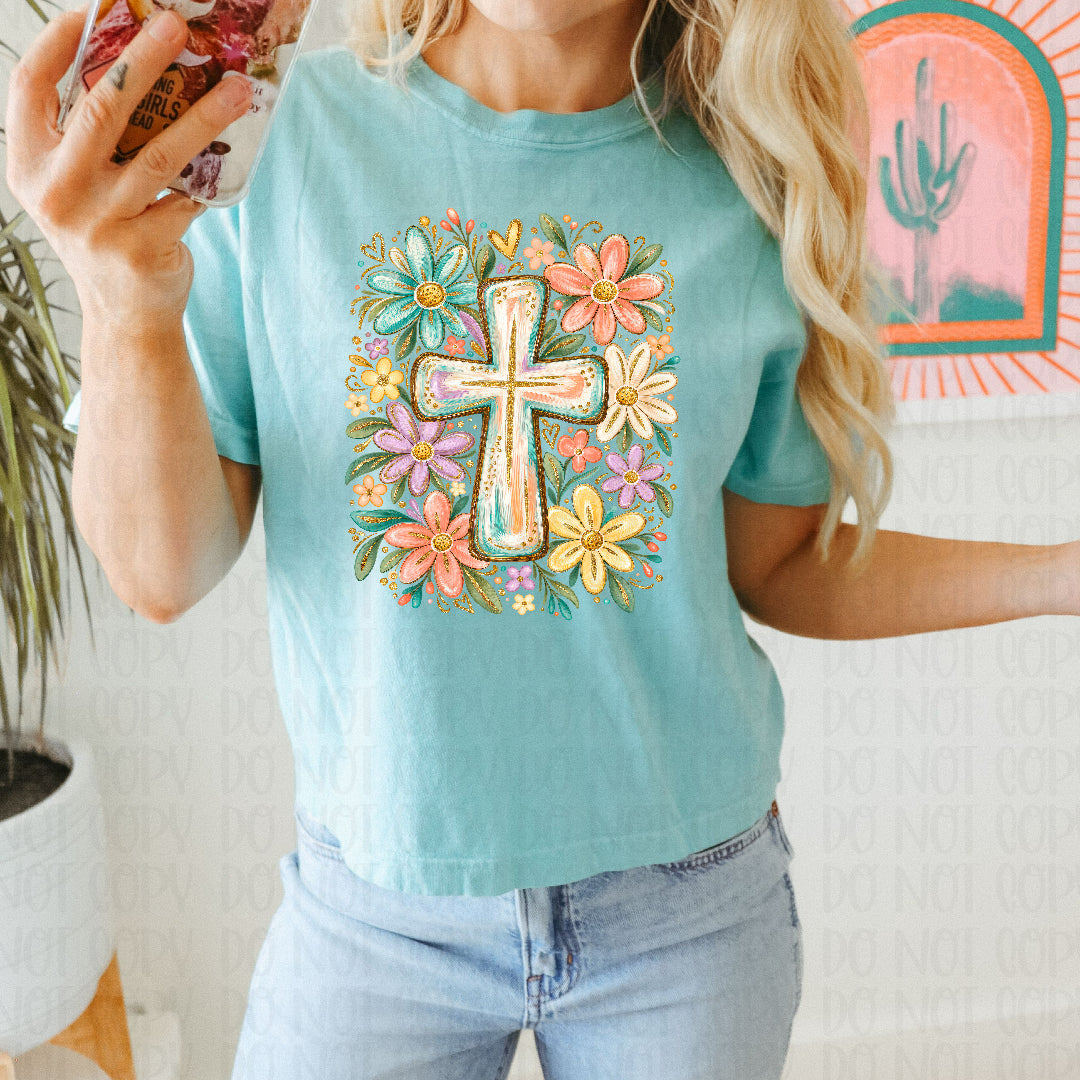 Floral pastel cross faux glitter (Texas Gal) DTF Transfer
