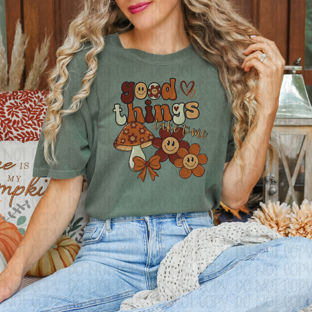 Good things take him happy flowers and mushrooms (Mymark) DTF Transfer