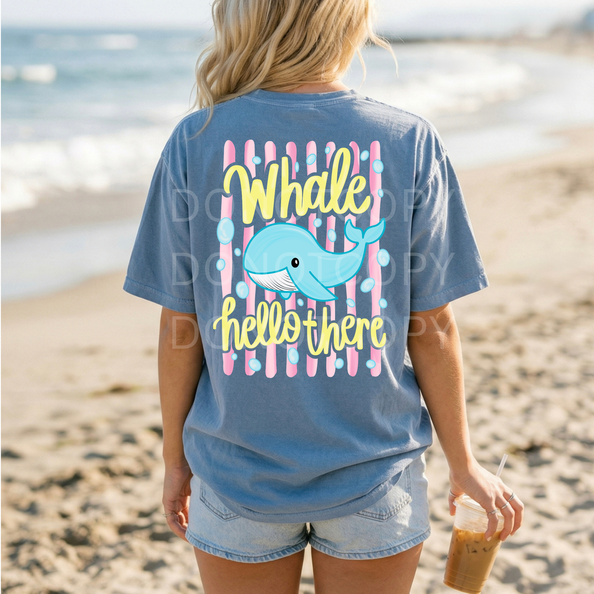 whale hello there pink striped background and blue bubbles (CSC) DTF Transfer