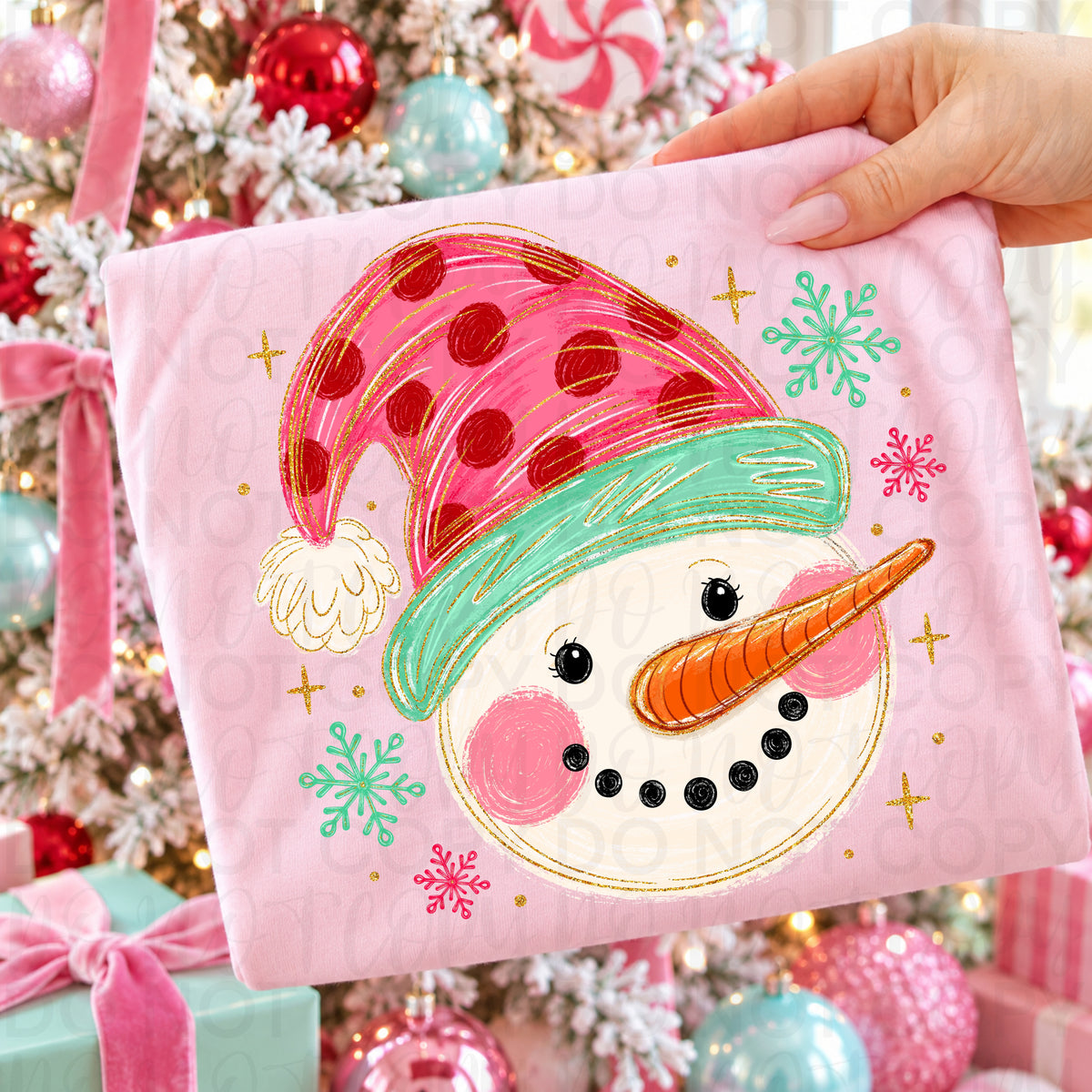 Snow man -close up- red hat with red polkadot-pastel snowflakes (UAC) DTF Transfer
