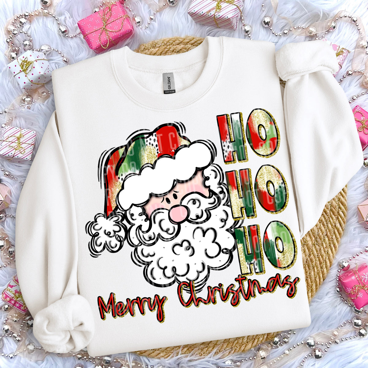 Brush Stroke With Gold Glitter Outline Ho Ho Ho Merry Christmas Santa Light 66054 DTF transfer