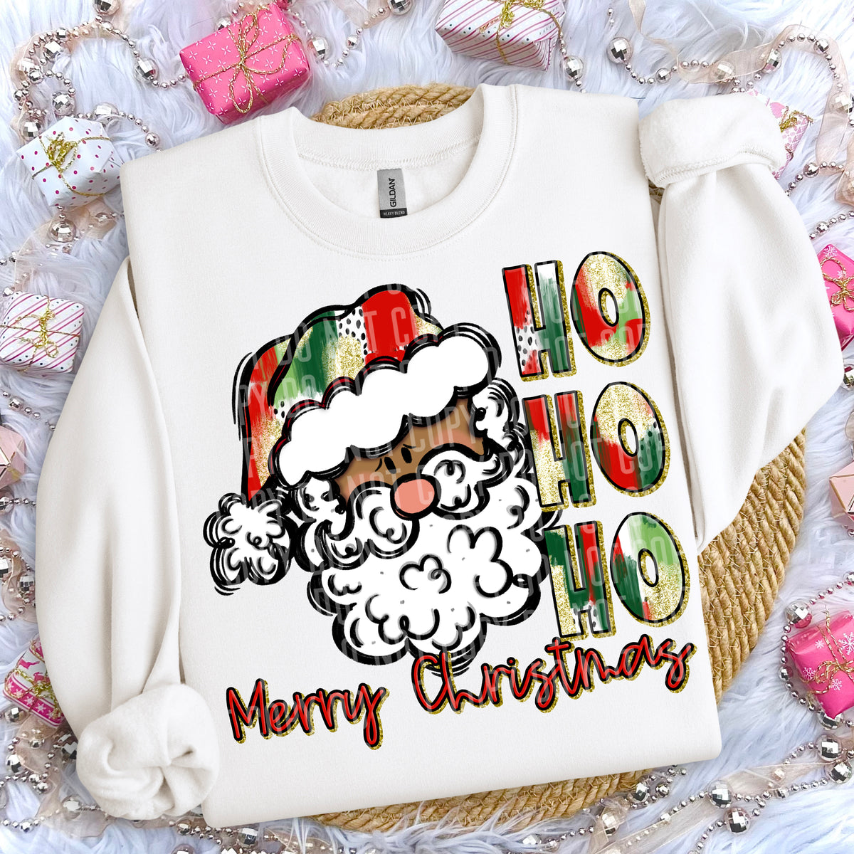 Brush Stroke With Gold Glitter Outline Ho Ho Ho Merry Christmas Santa Dark 66055 DTF transfer