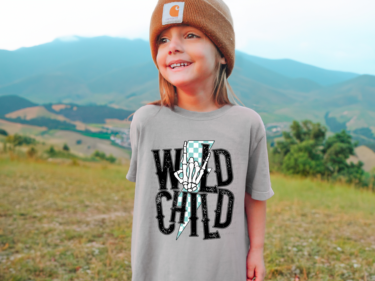 Wild Child Lightning Bolt Blue and White Checkered 116110 DTF Transfer