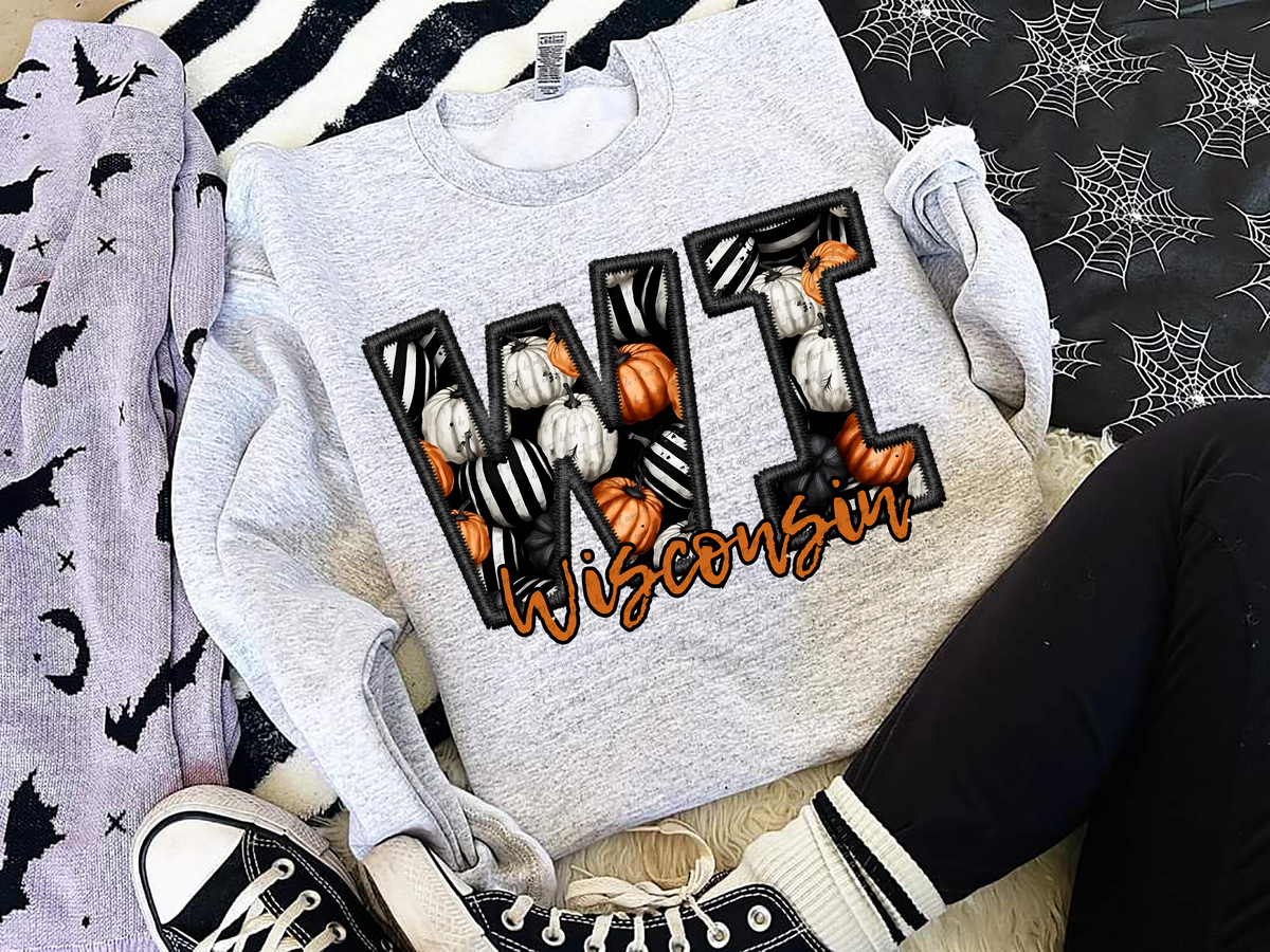 WI Faux Embroidery Pumpkin Filled Wisconsin 54531 DTF transfer