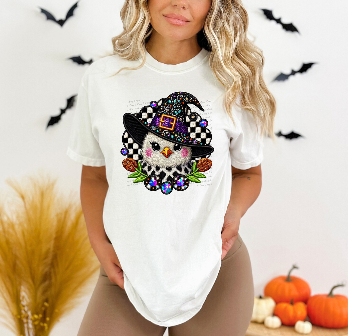 Faux Embroidery Witch Chick Checkered Background 57408 DTF transfer