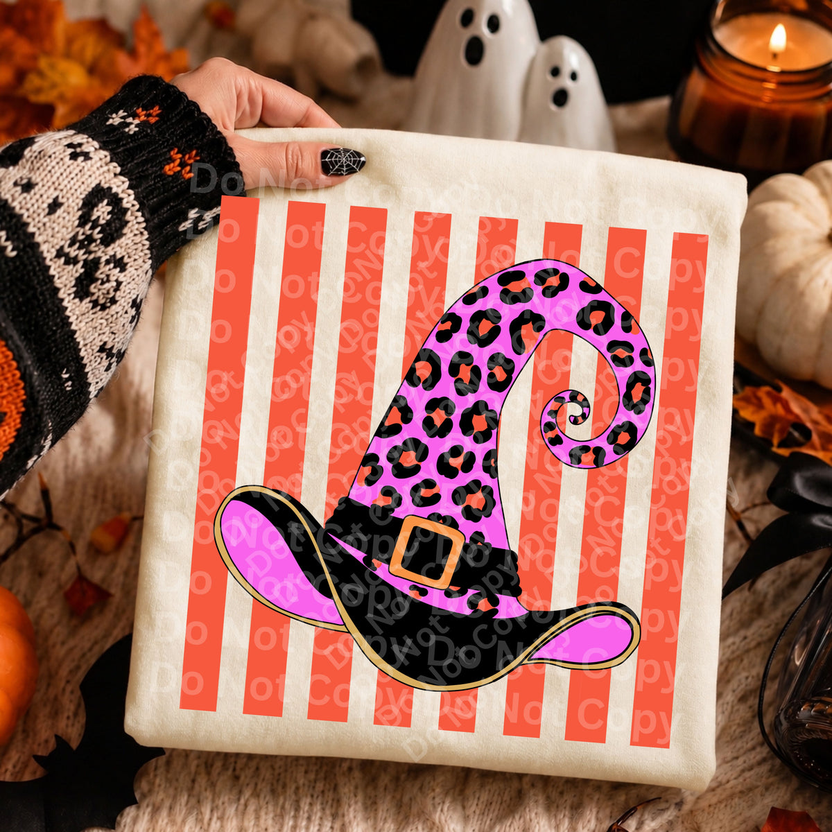 Leopard print witch hat with orange stripes (Irene) DTF Transfer