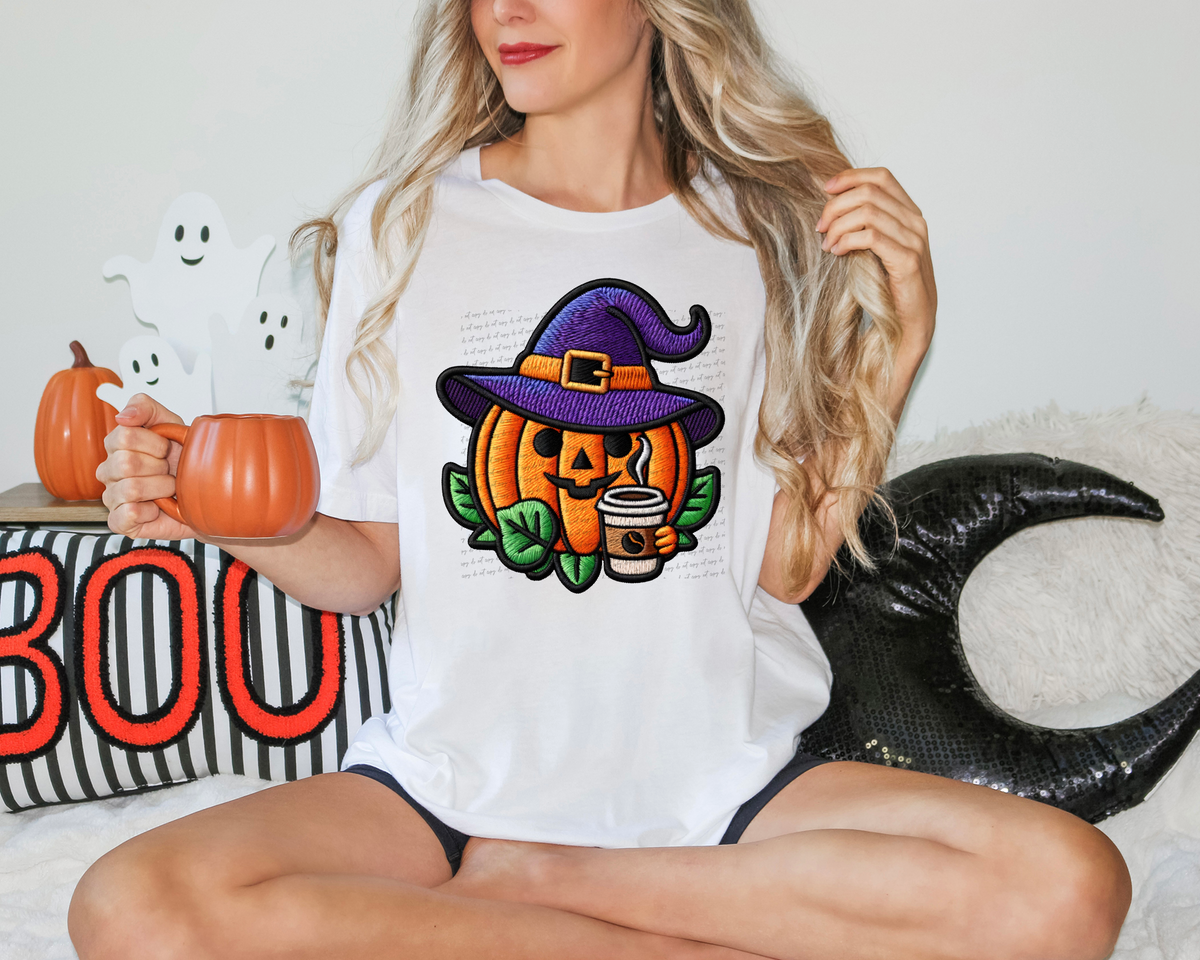 Faux Embroidery Witch Jack O Lantern with Coffee 57407 DTF transfer