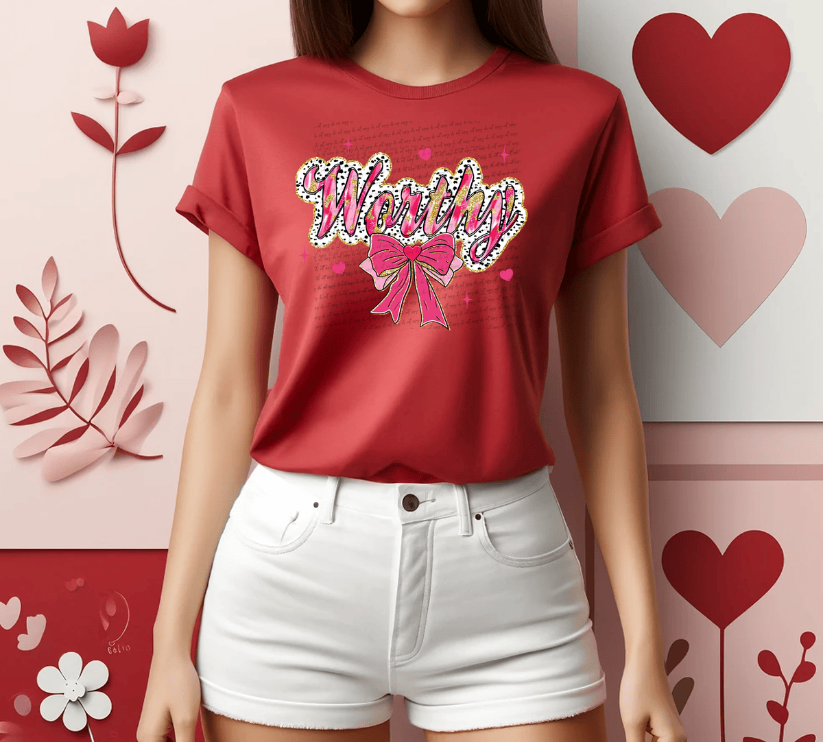 Worthy Pink Gold Brushstroke Bow Hearts 76149 DTF Transfer