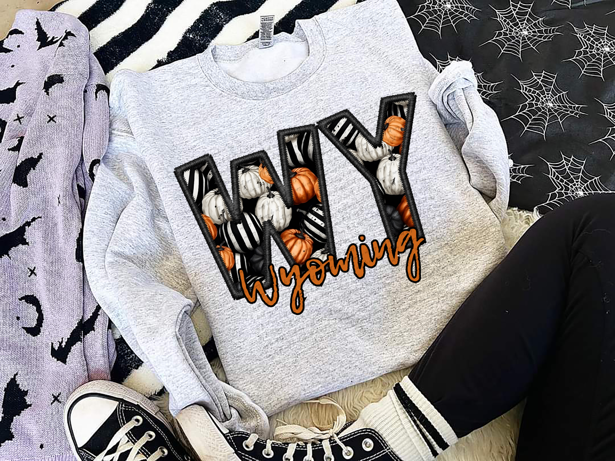 WY Faux Embroidery Pumpkin Filled Wyoming 54532 DTF transfer