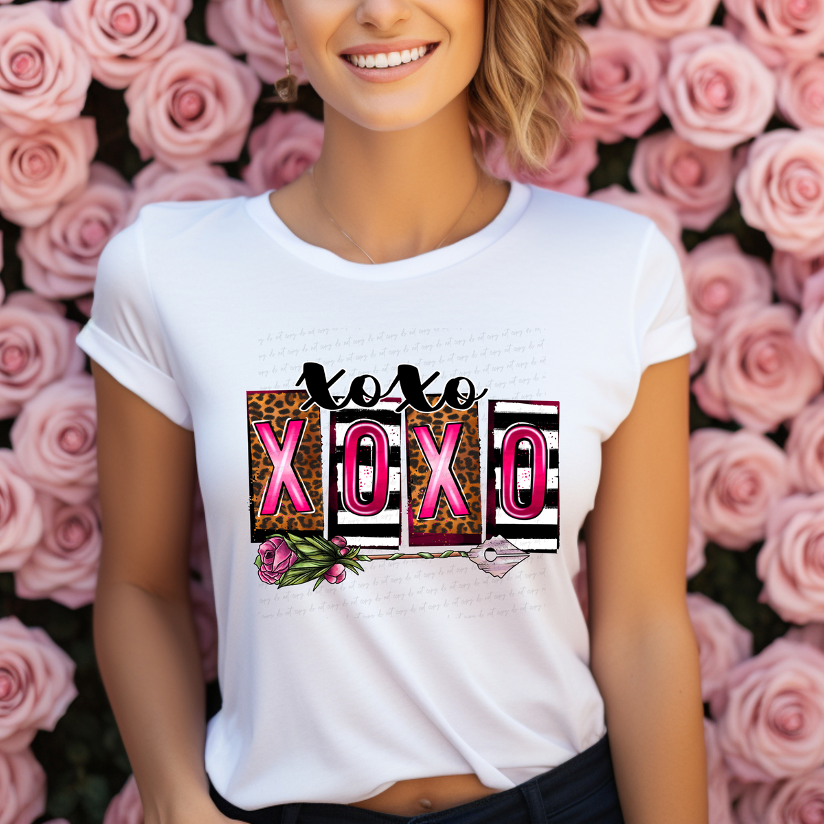 Xoxo Xoxo Pink Font Leopard and Stripes Background 116112 DTF Transfer