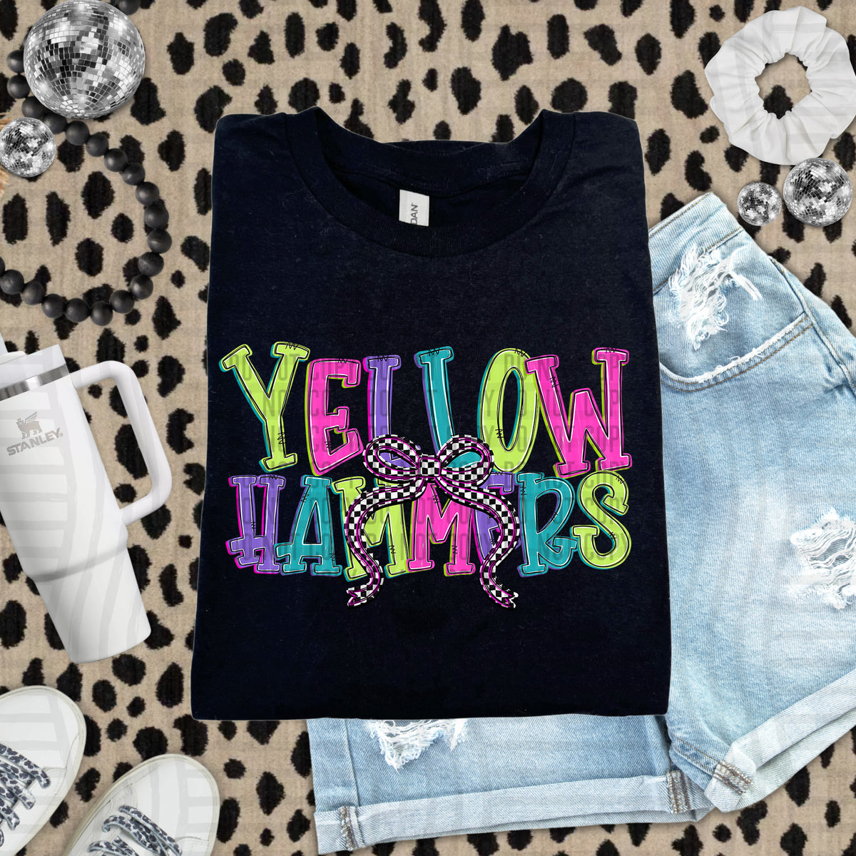 Yellow hammers stacked neon colors with checkered bow (caplinger) DTF Transfer