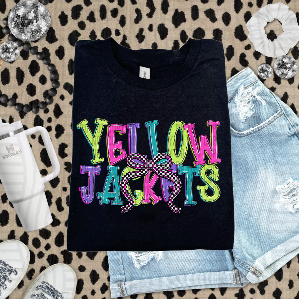 Yellow Jackets stacked neon colors with checkered bow (caplinger) DTF Transfer