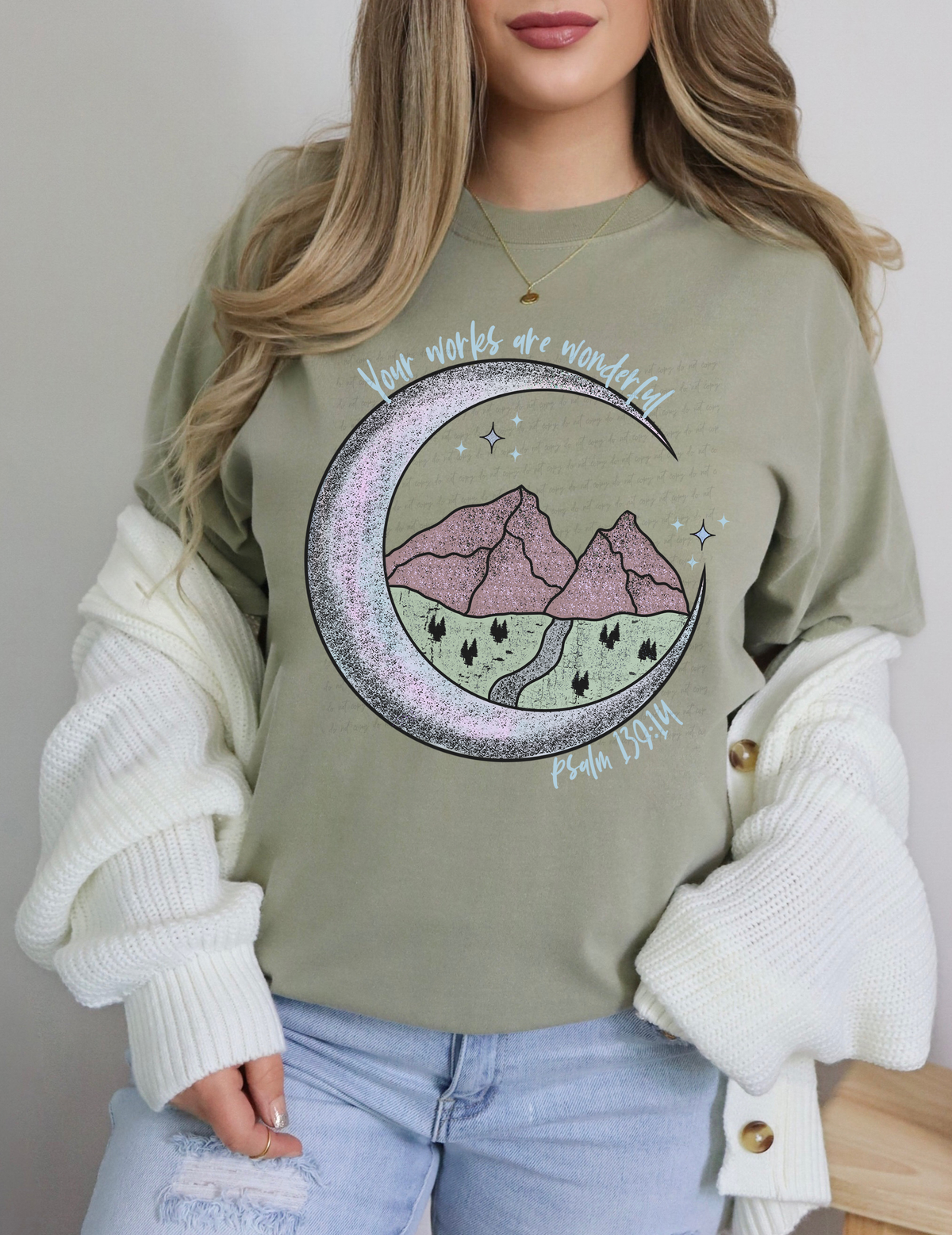 Your Works Are Wonderful Psalm 139.14 Crescent Moon and Mountains 115084 DTF Transfer