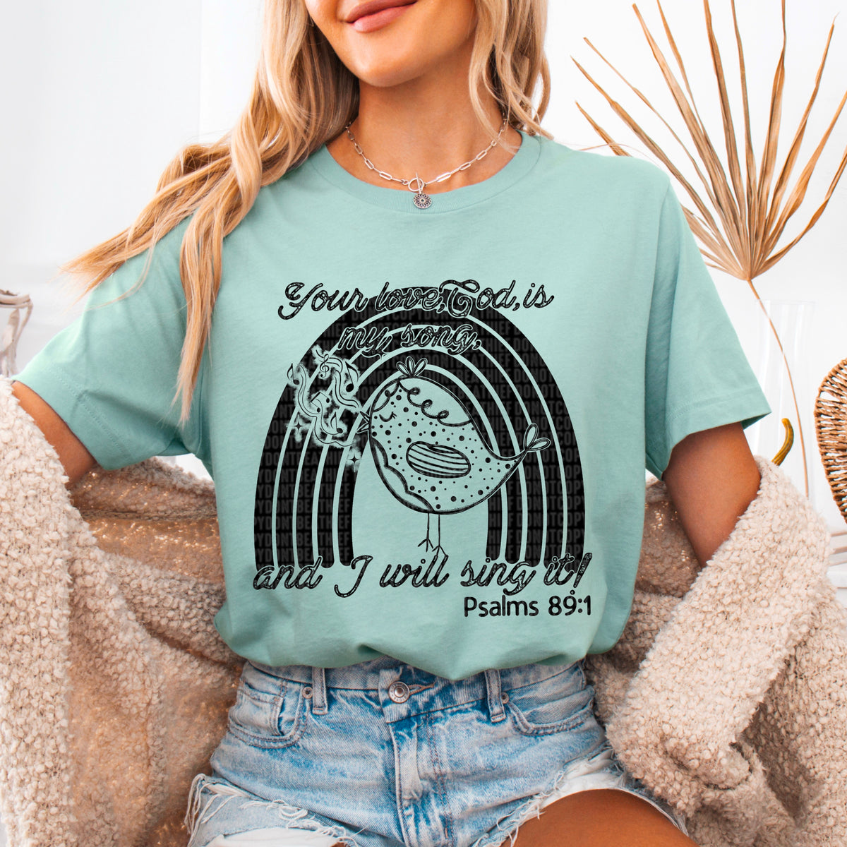 Your Love, God, Is My Song And I Will Sing It! Psalms 89:1 Rainbow With Bird Black 104284 DTF transfer