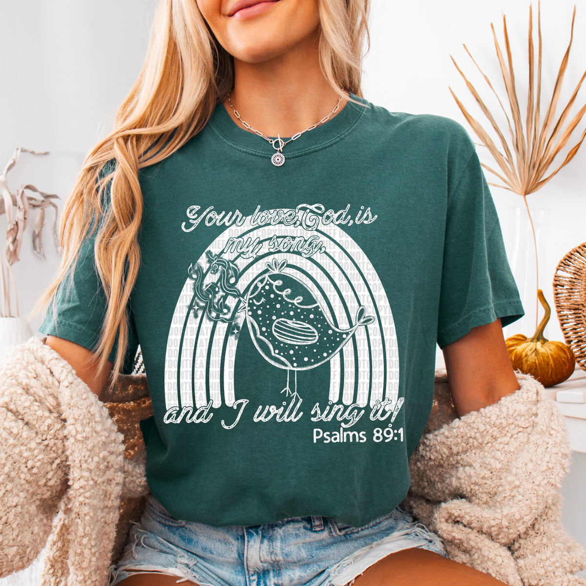 Your Love, God, Is My Song And I Will Sing It! Psalms 89:1 Rainbow With Bird White 104285 DTF transfer
