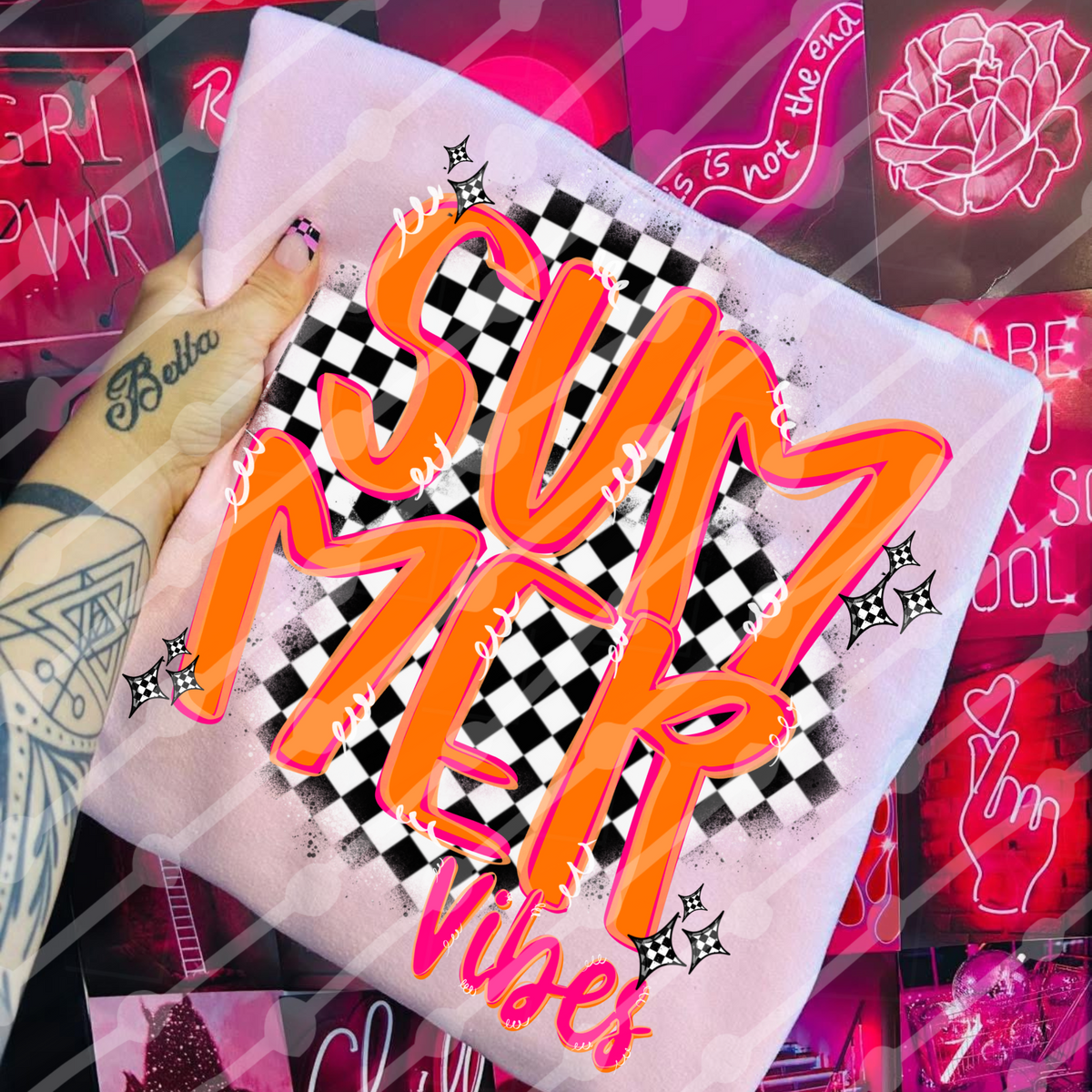 Checkered Orange and Pink Summer Vibes (JBD) 101793 DTF transfer