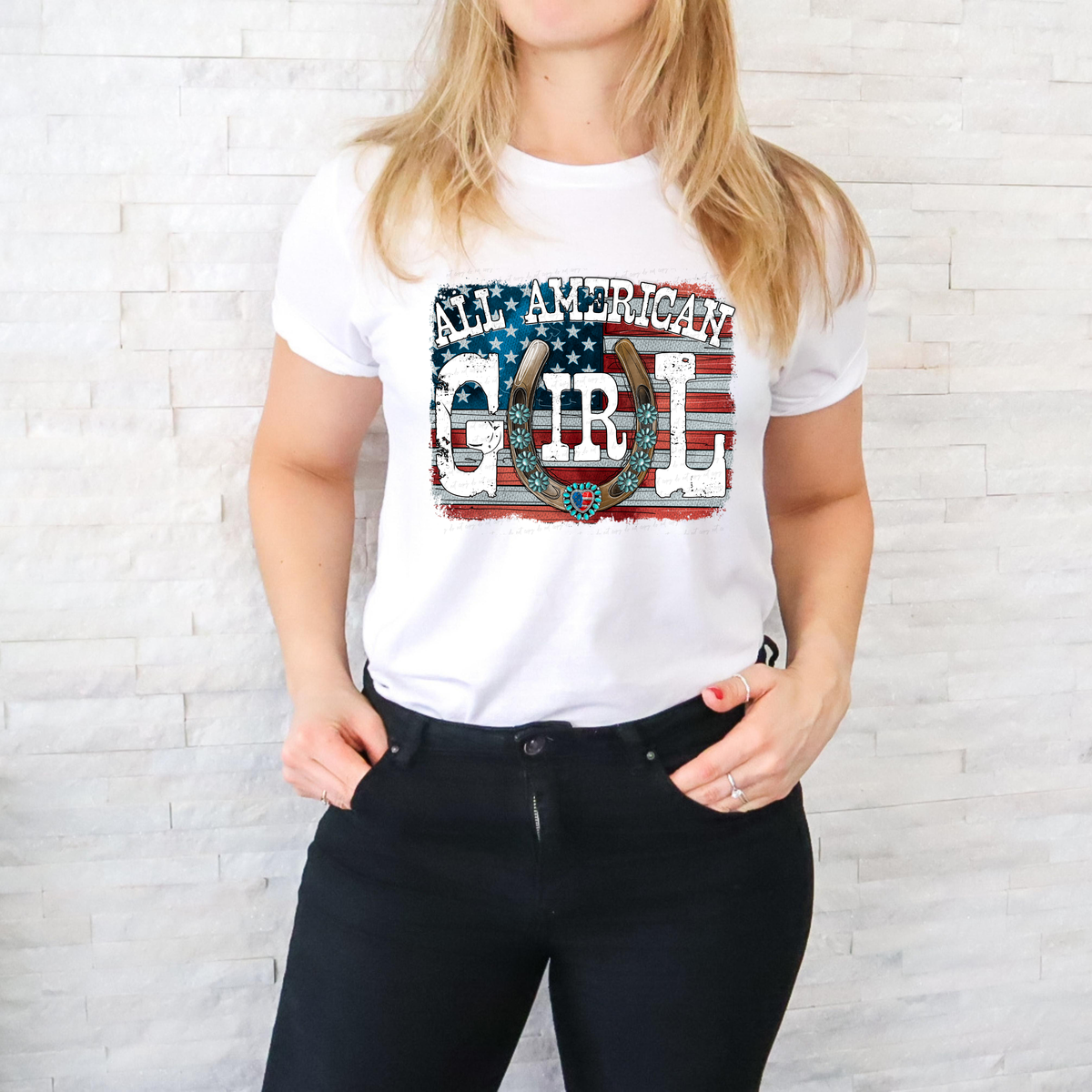 All American Girl Horse Shoe Flag Background 116187 DTF Transfer