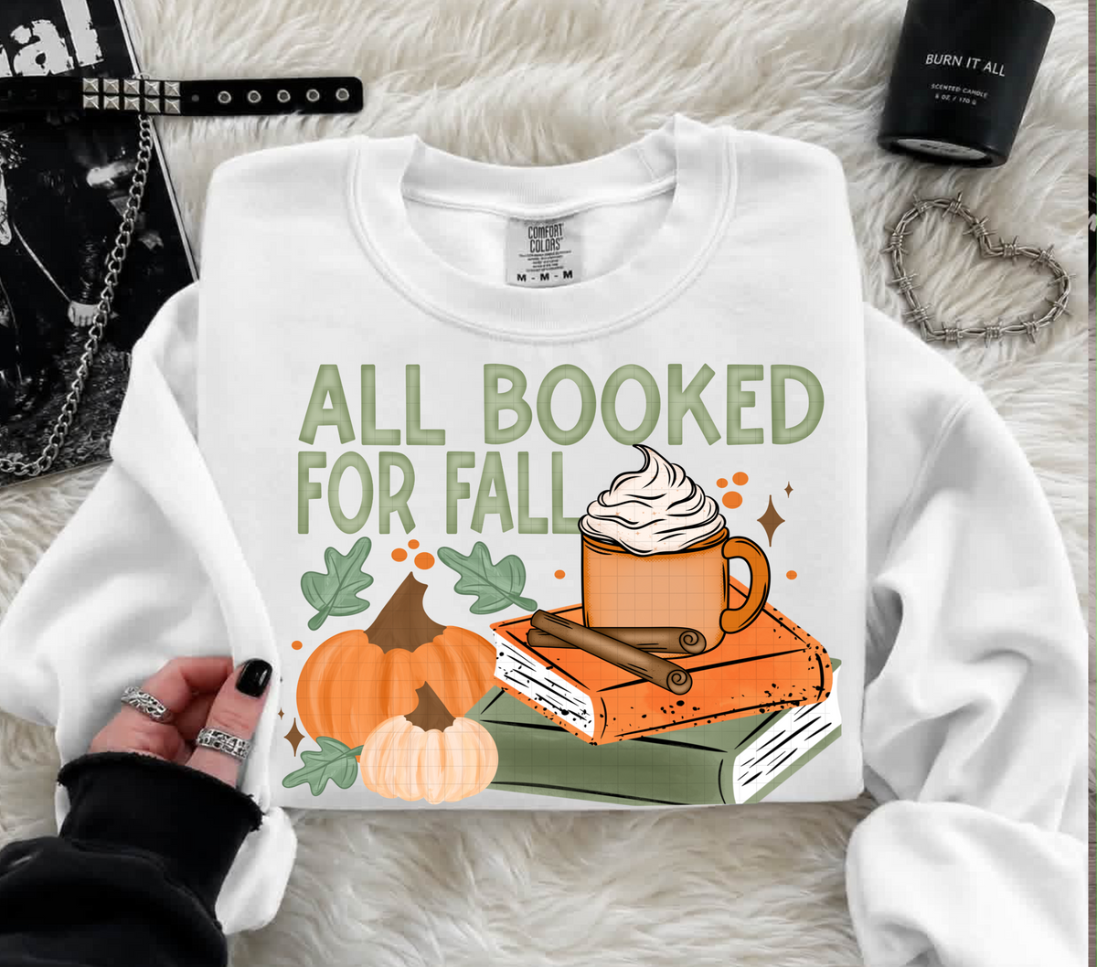 All booked for fall-pumpkins with mug on books (Linda) DTF Transfer