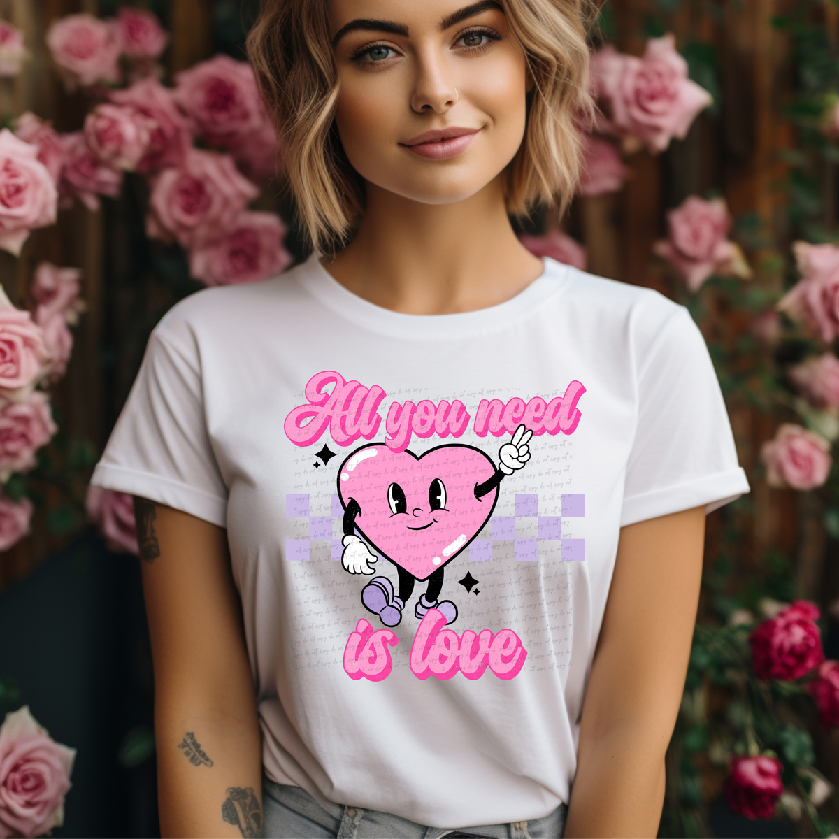 All You Need Is Love Pink Font with Pink Heart and Purple Checkered Background 114760 DTF transfer