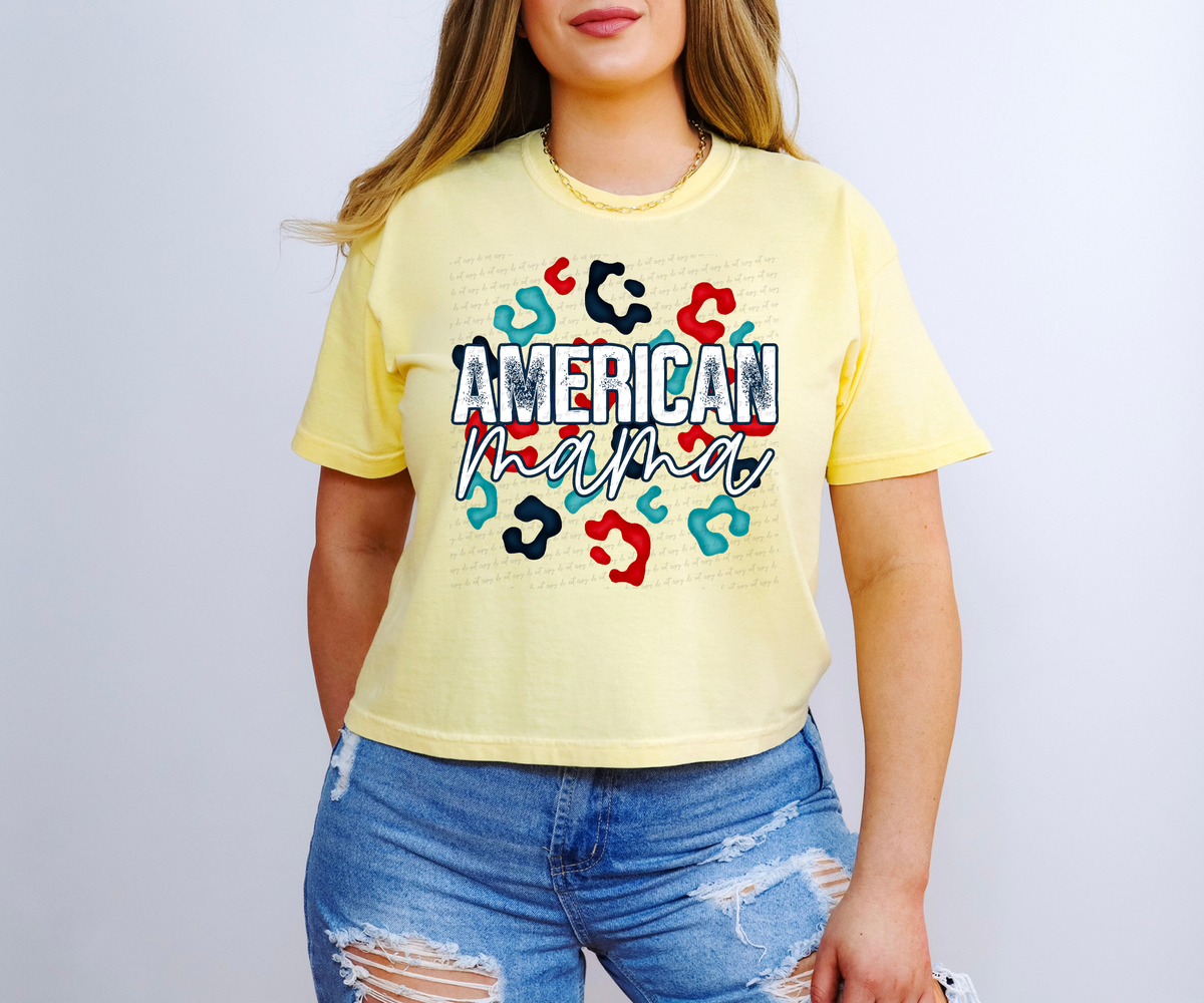 American Mama White Writing Distressed Red Green and Blue Leopard Background 114765 DTF transfer
