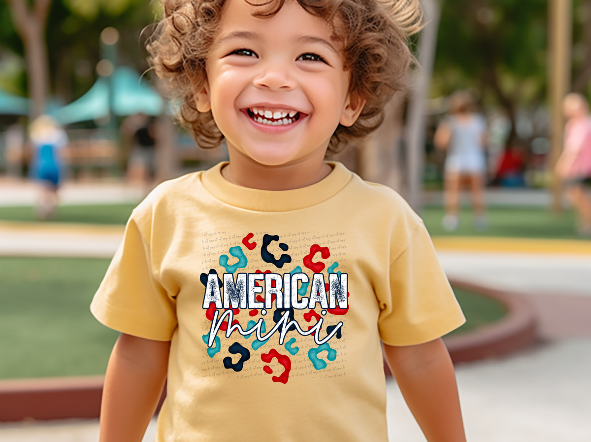 American Mini White Writing Distressed Red Green and Blue Leopard Background 114766 DTF transfer