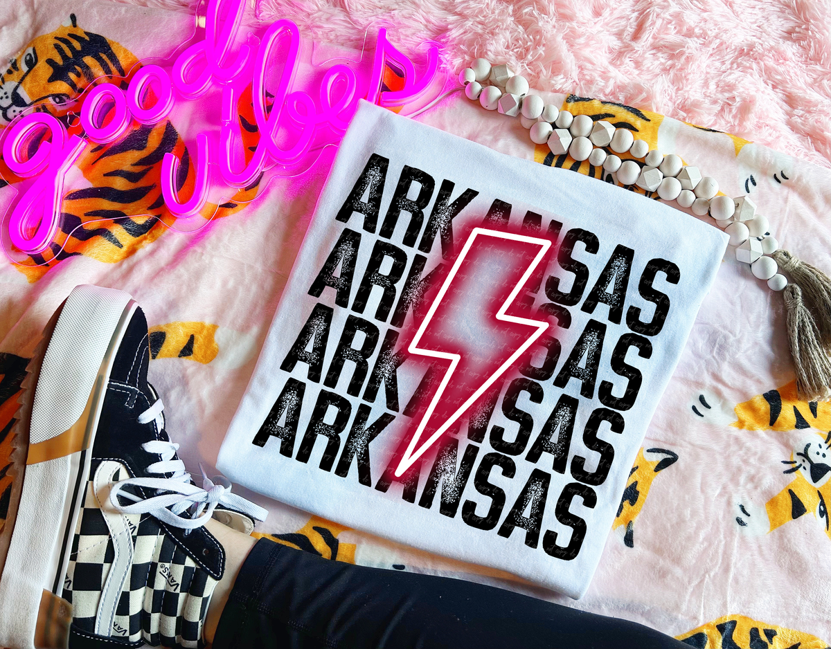 Arkansas Stacked Black Distressed Red Neon Lightning Bolt 114768 DTF transfer